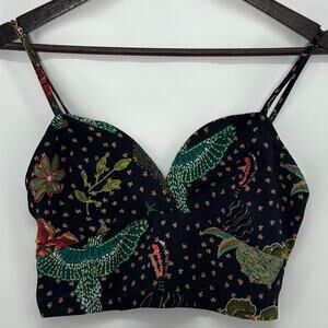 Dixie Festival Top Medium Strappy Cropped Blue Green Birds Floral Hippie Fairy
